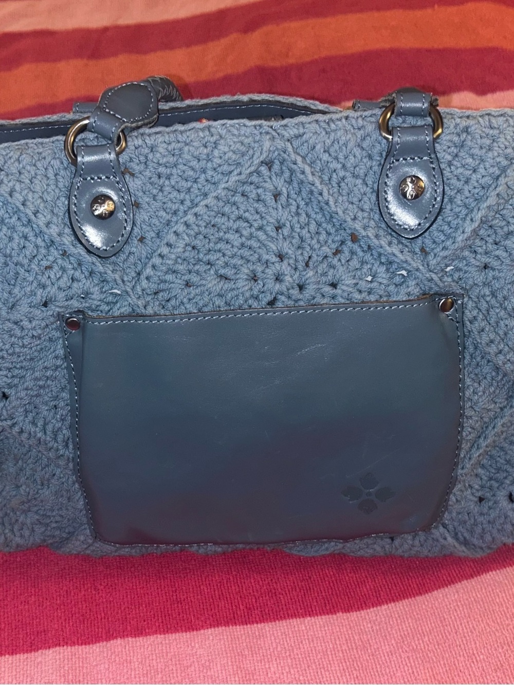 Patricia Nash Denim Blue Crochet Shoulder Bag with Leather Pocket